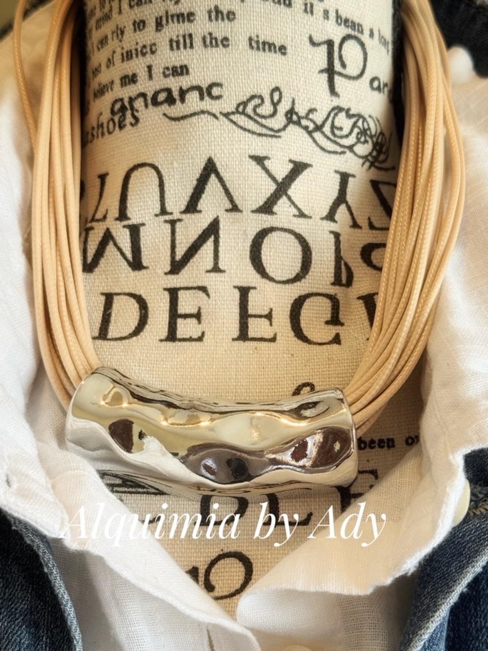 CORD GALORE +Cream Multi-Strand Necklace with Silver Curved Tube - Picture 5 of 5